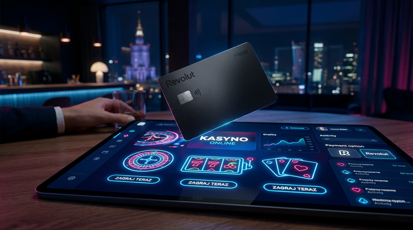 Karta Revolut na tle nowoczesnego interfejsu kasyna online.