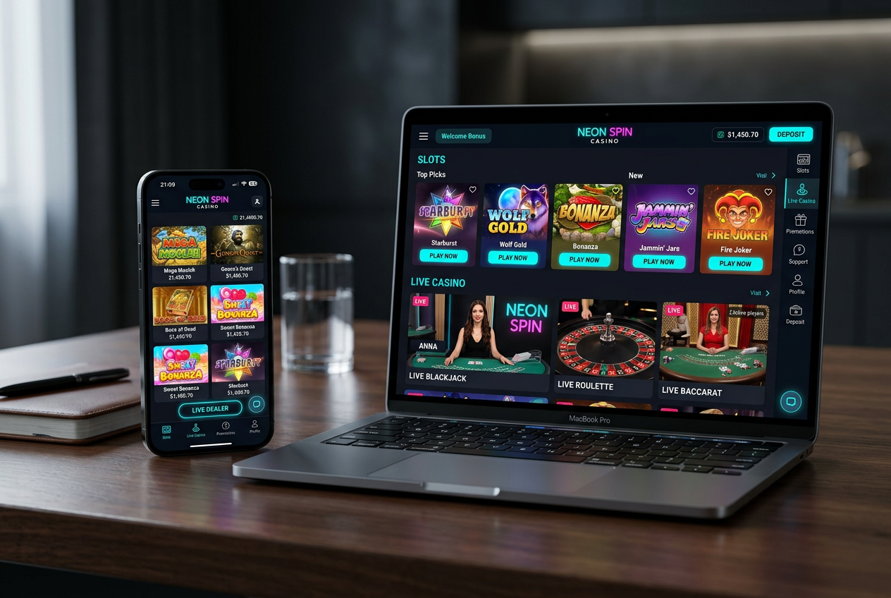 Nowoczesny interfejs kasyna online na smartfonie i laptopie z neonowymi akcentami