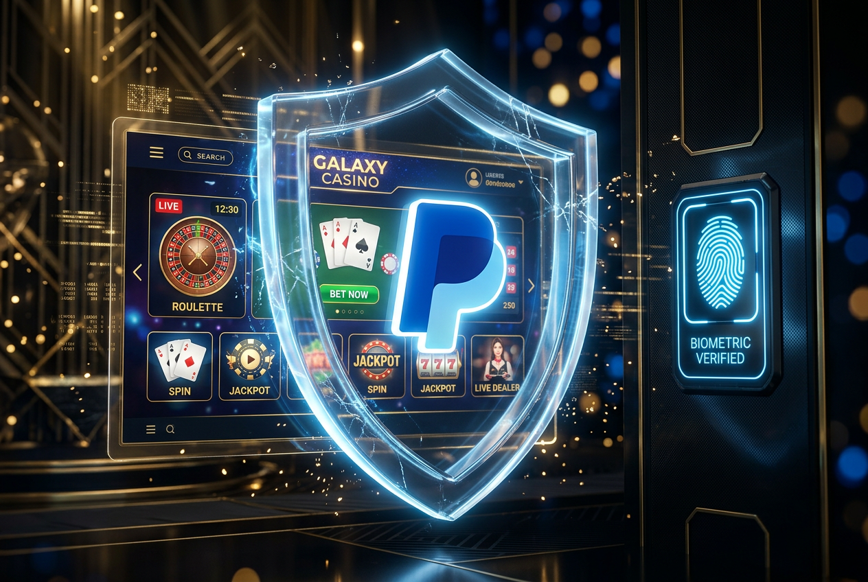 A digital 3D visualization of a security shield protecting PayPal transactions in a luxury casino setting